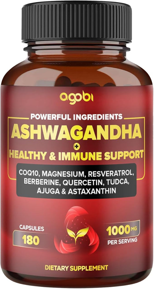 Ashwagandha Capsules w Healthy Support & CoQ10, Magnesium 180 Pills