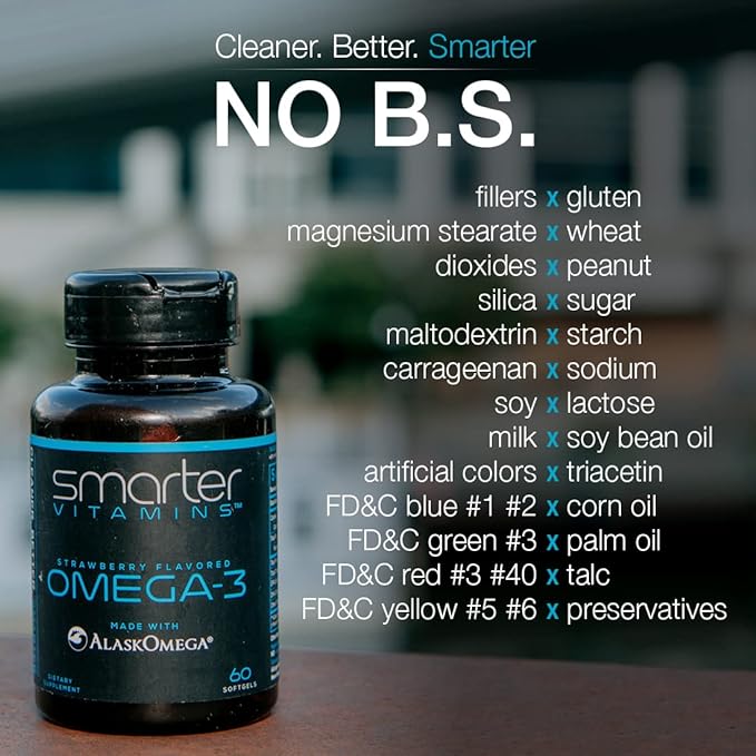 (5 Pack) Smarter Omega 3 Fish Oil, Berry Flavor, Burpless, Tasteless, 2000mg, Potent Triple Strength DHA EPA Brain Omega-3, Joint & Heart Support, Made with AlaskOmega®