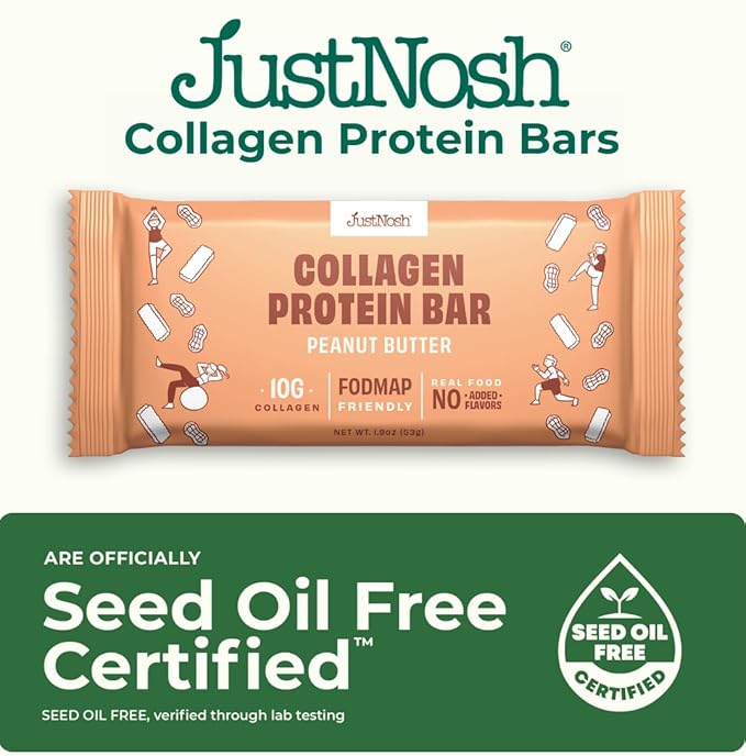 JustNosh Collagen Protein Bars, 10g Collagen, 16g Protein, Gluten Free, Dairy Free, FODMAP Friendly, Seed Oil Free Certified, Clean Ingredients | Peanut Butter (12 Pack)