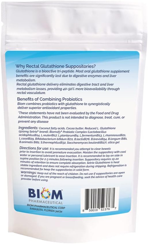 High Potency 500mg Reduced L-Glutathione (Setria Brand) + Probiotic Suppository. Maximum Bioavailable Glutathione Formulation with Powerful Antioxidant Properties.
