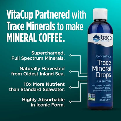 VitaCup Mineral Coffee with Trace Minerals, Hydrate, Replenish & Restore w/All Natural Sea Minerals, Electrolytes, Organic Coffee, Single Origin, Medium Dark Roast, Ground Coffee 10oz