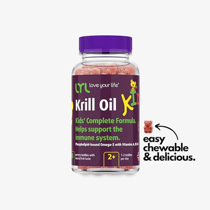 LYL Krill Oil Kid Gummy Bears with Vitamin D 3, Vitamin E and Vitamin A - phospholipid-Bound Omega 3 for Healthy Growth & Development - Gummy Bears with Orange, Apple & Raspberries Taste (Pack of 60)
