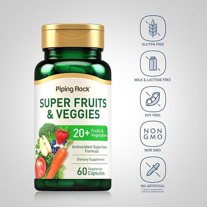 Piping Rock Fruits and Veggies Supplement | 60 Capsules | Superfood Fruit and Vegetables Vitamins | with Prebiotic Blend | Vegetarian Formula | Non-GMO, Gluten Free