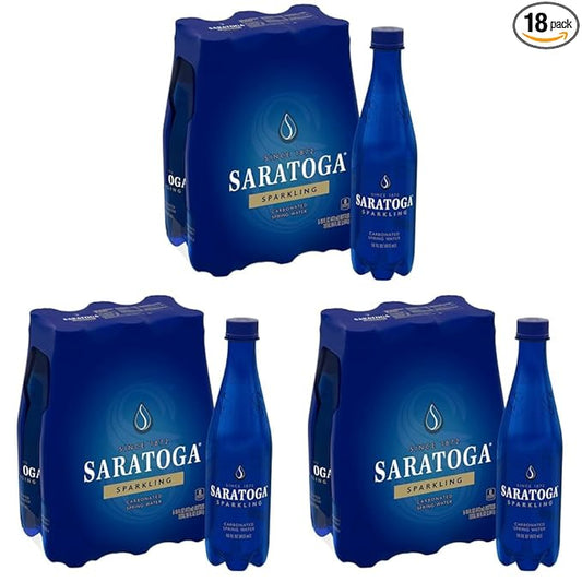 Saratoga Sparkling Water Bottles, 18-Pack - Carbonated Spring Bottled Water with Naturally Occurring Minerals & Electrolytes - Recycled PET Plastic Bottles - 16 Fl Oz