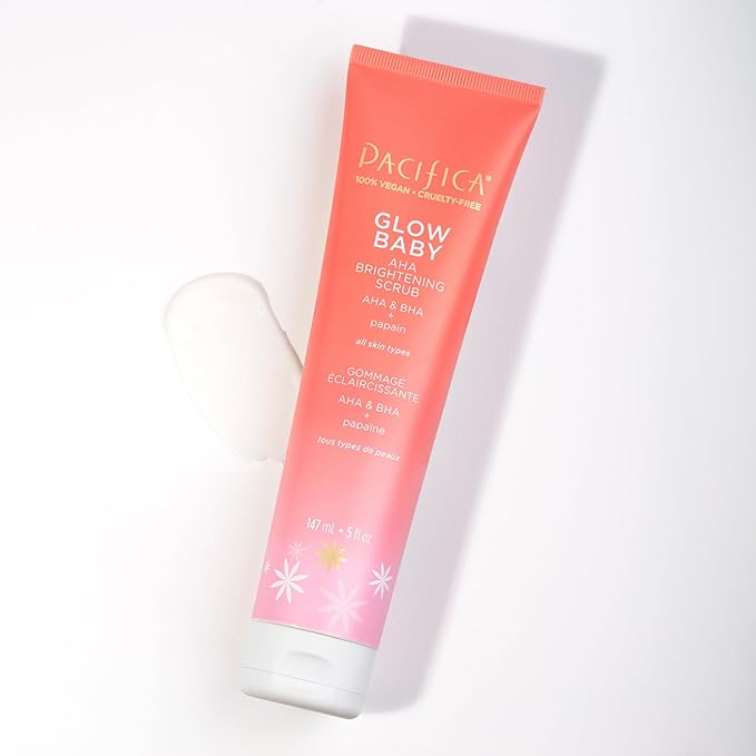 Pacifica Beauty Glow Baby Vitamin C Brightening Body Lotion and AHA Brightening Body Scrub Set, Bath and Body, Vitamin E, Kakadu, Moisturizing, Exfoliating, Hydrating, Vegan, 5 fl oz Each (Set of 2)