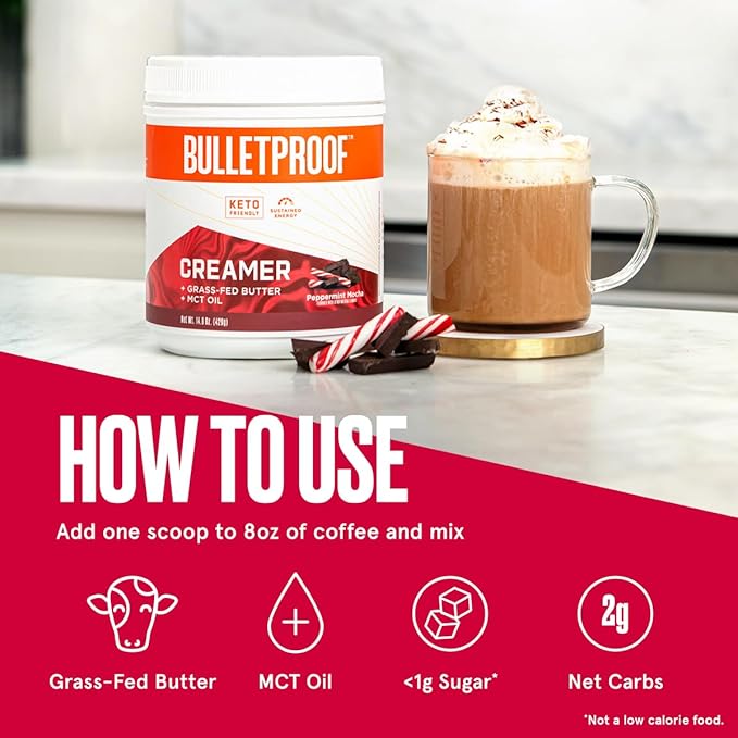 Bulletproof Peppermint Mocha Creamer, 14.8 Ounces, Keto Coffee Powder Creamer with MCT Oil and Grass-Fed Butter