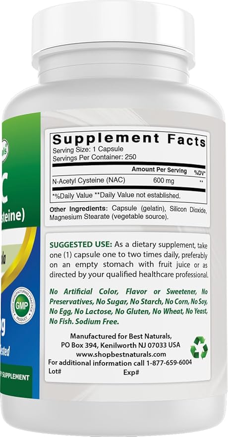 Best Naturals NAC N-Acetyl-Cysteine 600 mg 250 Capsules