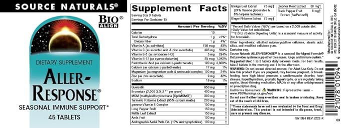 Source Naturals Aller-Response, Seasonal Immune Support* 45 Tablets