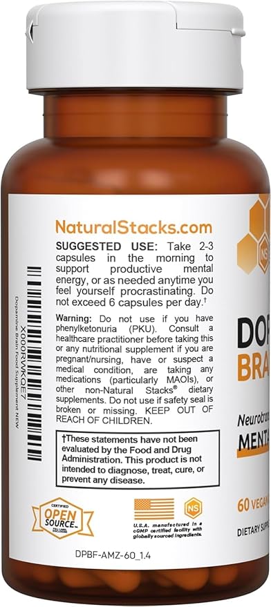 NATURAL STACKS Dopamine Brain Food - 650mg L-Tyrosine Supplement - Dopamine Supplement for Focus & Mental Drive - Supports Mental Energy - Neurotransmitter Support with B Vitamins - 120 Capsules