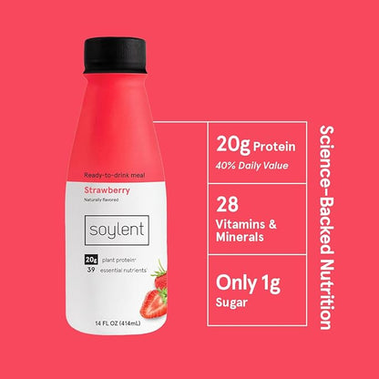Soylent Complete Meal Replacement Shake, Strawberry, 20g complete protein, 28 vitamins & minerals, low sugar, 14oz (Single Bottle)