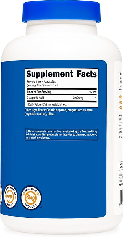 Nutricost D-Aspartic Acid Capsules (180 Caps) (3 Bottles)