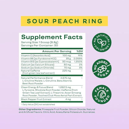 Bloom Nutrition High Energy Pre Workout Powder, Amino Energy with Beta Alanine, Ginseng & L Tyrosine, Natural Caffeine Powder from Green Tea Extract, Sugar Free & Keto Drink Mix (Sour Peach Ring)