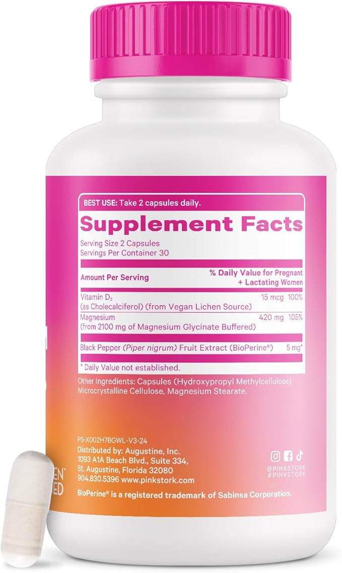 Pink Stork Magnesium Glycinate with Vitamin D - Magnesium Supplement for Women to Support Natural Calm, Mood, and Sleep - Hormone Balance for Women - 60 Capsules, 1 Month Supply