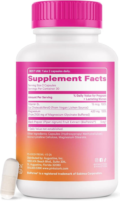 Pink Stork Magnesium Glycinate with Vitamin D - Magnesium Supplement for Women to Support Natural Calm, Mood, and Sleep - Hormone Balance for Women - 60 Capsules, 1 Month Supply
