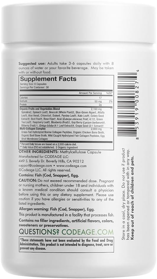 Codeage Multi Collagen Protein + Organic 21 Fruits 5 Types 180 Count