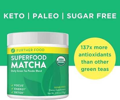 Further Food Premium Matcha Green Tea Powder USDA Organic Japanese Matcha Powder, Natural Energy + Focus + Boost Immune System, Antioxidant Plant-Based Detox Superfood (30 Servings)