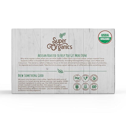 Super Organics Focus Support Coffee Brew Cups With Superfoods & Probiotics Keurig K-Cup Compatible Focus and Adaptogens Medium Roast, USDA Certified, Vegan, Non-GMO Coffee, 60ct