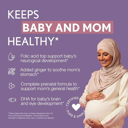 Noor Vitamins Halal Prenatal Vitamins with DHA and Folic Acid, Essential Vitamins, Ginger to Soothe Mom's Stomach, Iron, Softgels, Prenatal Vitamin Before/During/Post Pregnancy (3 Months Supply)