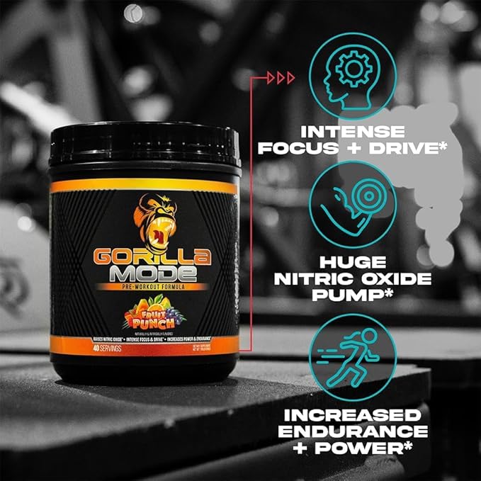 Gorilla Mode Pre Workout - Massive Pumps · Laser Focus · Energy · Power - L-Citrulline, Creatine, L-Tyrosine, Betaine, Hydroprime®, Alpha-GPC, 400mg Caffeine, Huperzine A – 786g (Cotton Candy Grape)