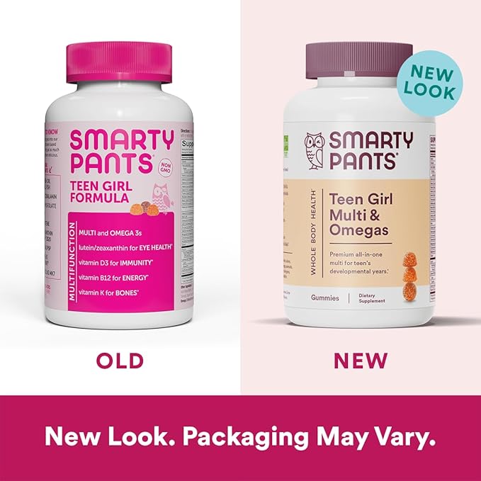 SmartyPants Teen Girl Multivitamin Gummies: Omega 3 Fish D3, C, B12, B6, B6, Vitamin 120 Count (30 Day 2)
