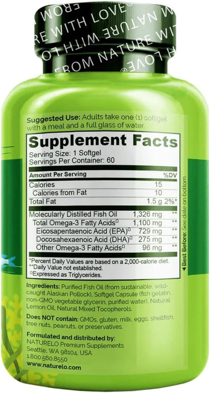 NATURELO Burpless Omega 3 Fish Oil Supplement - 1100mg Triglyceride Omega-3, EPA + DHA, Liquid Fish Oil Omega 3 for Heart, Eye, Brain, Joint Health - 60 Softgels, 2 Months Supply