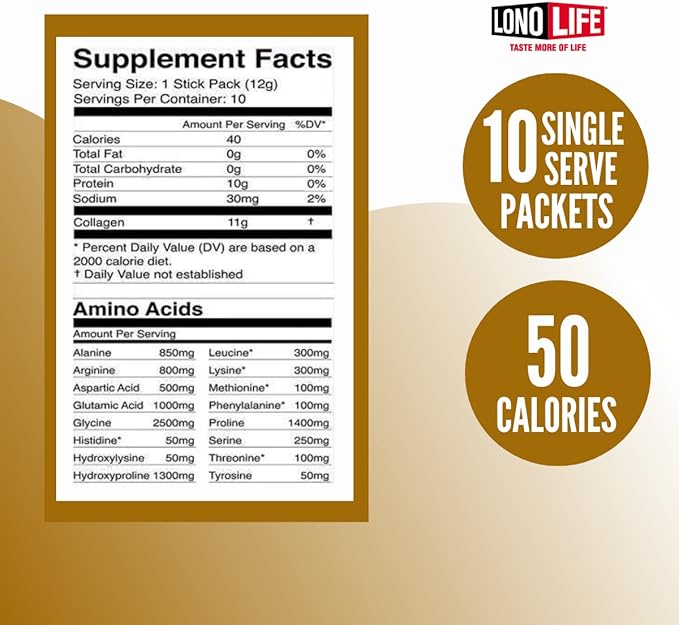 LonoLife - Vanilla Flavored Collagen Peptides 10g Protein, 10 Servings, 10 Count