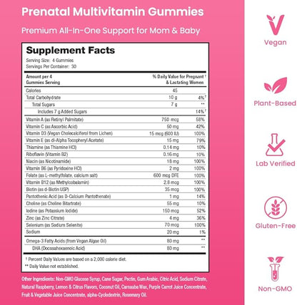 Prenatal Vitamin Gummies with DHA 3, Methylfolate, D3, Pregnancy 120 Count