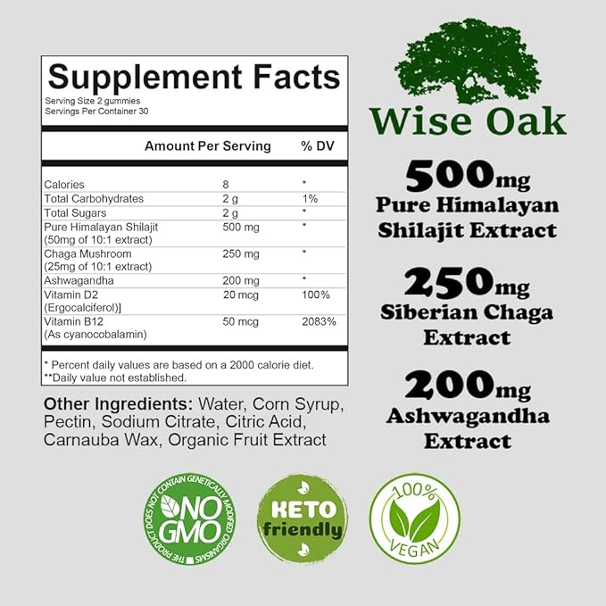 Shilajit Gummies 500mg with Chaga Ashwagandha B12 and D2 Vitamins