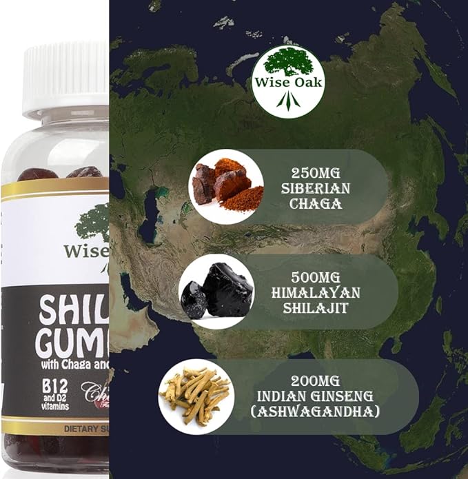 Shilajit Gummies 500mg with Chaga Ashwagandha B12 and D2 Vitamins