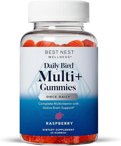 Best Nest Wellness Multi Plus Gummies - Brain Health Support Supplement with Methylated Vitamins - Chewable Multivitamin for Kids - Aids Healthy Energy & Immune Function - Raspberry, 60 Gummies
