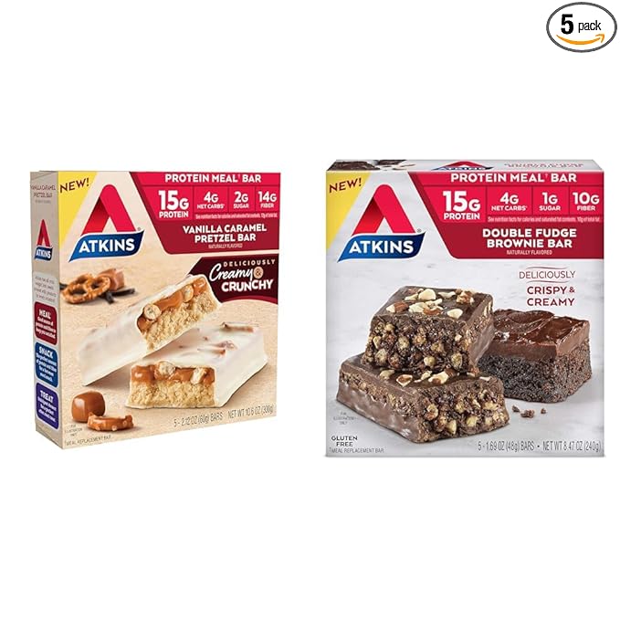Atkins Vanilla Caramel Pretzel and Double 15g Protein, 2g and 1g Sugar, 5 Count