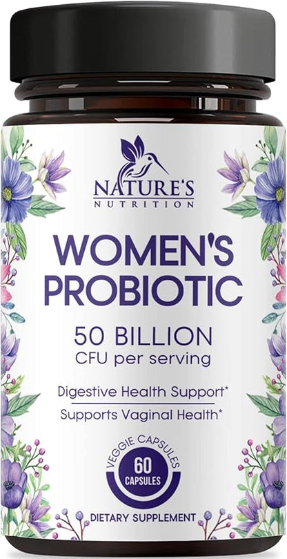 Probiotics for Women's Digestive Health, 50 Billion CFU for Vaginal pH, Gut Health & Immune Support, Daily Probiotic Supplement for Feminine Health, 5 Strains, Gluten Free - 60 Capsules
