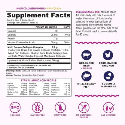 Multi Collagen Peptides Powder for Women and Men - Instant Dissolving Grass Fed Hydrolyzed Collagen Powder Drink Mix for Beautiful Hair Skin and Nails with Hyaluronic Acid and Vitamin C