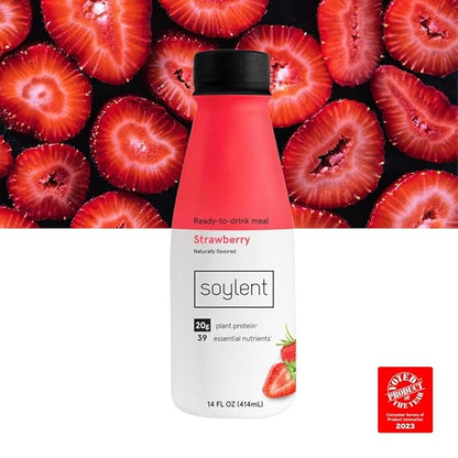 Soylent Complete Meal Replacement Shake, Strawberry, 20g complete protein, 28 vitamins & minerals, low sugar, 14oz (Single Bottle)