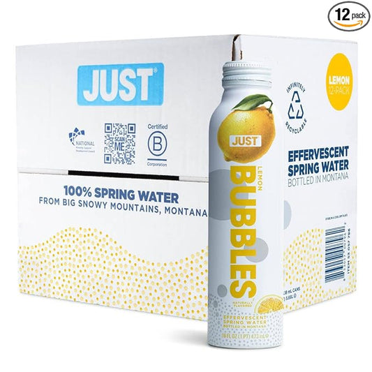 JUST Bubbles Lemon - Pure Premium Sparkling Spring Water in a Fully Recyclable Reusable Eco-Friendly Bottle - 100% Mountain-Sourced Carbonated Water with Naturally Occurring Minerals, 16 Fl Oz (Pack of 12)
