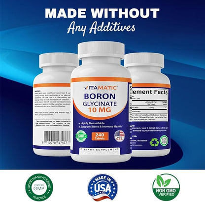 Vitamatic Chelated Boron (as Glycinate) 10mg 240 Tablets - Supports Hormone Balance, Bone Health & Connective Tissue