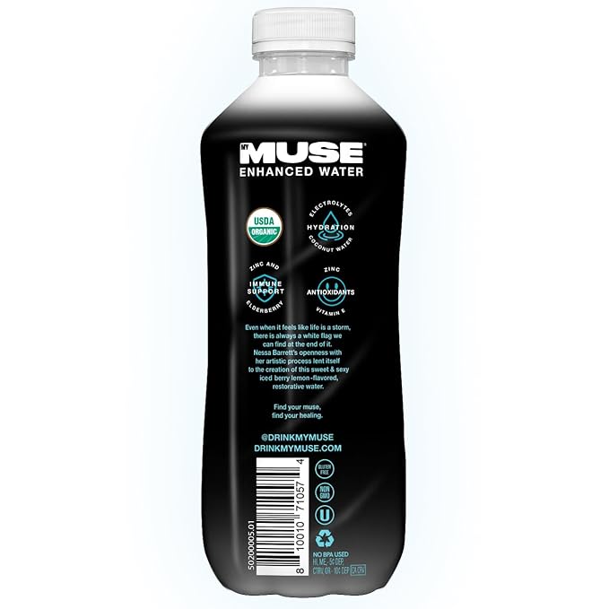 MyMuse Organic Enhanced Flavored Water, Ice Berry Lemon, 16.9 Fl Oz Bottle (12 pack), 1G of Sugar, Immune Support with Zinc & Elderberry, Antioxidants Vitamin E, Low Calories, USDA organic