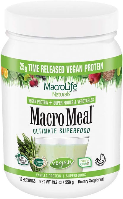 MacroLife Naturals MacroMeal Vegan Protein Powder Superfood Greens Probiotics + Fiber, Immune Energy Digestive Daily Essentials for Women & Men Gluten-Free - (15 Servings) (15 Servings, Vanilla)