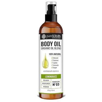 pureSCRUBS Ultra Moisturizing Lemongrass Body Oil Spray for Dry Skin, Massage, & More, Organic Super Blend of Jojoba, Argan, Coconut, Sweet Almond & Avocado Oils Enriched with Vitamin E, Lg 4oz