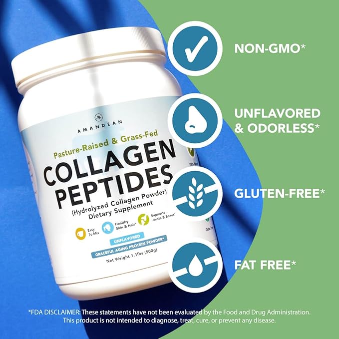 AMANDEAN Collagen Peptides Powder (17.6oz). Grass-Fed