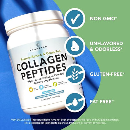 AMANDEAN Collagen Peptides Powder (17.6oz). Grass-Fed