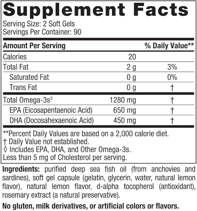 Ultimate Omega, Lemon Flavor - 180 Soft Gels - 1280 mg Omega-3 - High-Potency Omega-3 Fish Oil - Non-GMO - 90 Servings