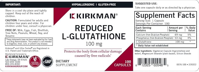 Kirkman Reduced L-Glutathione 100 mg - Hypoallergenic | 100 Vegetarian Capsules | Antioxidant