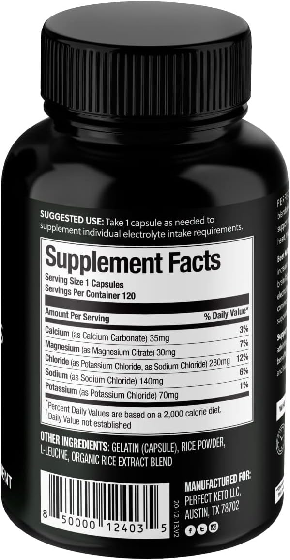 Perfect Keto Electrolytes Capsules, Gluten Free, Electrolyte Supplement with Magnesium, Calcium, Potassium and Sodium, Hydration, Energy, Recovery and Immune Support, Unflavored, 120 Servings