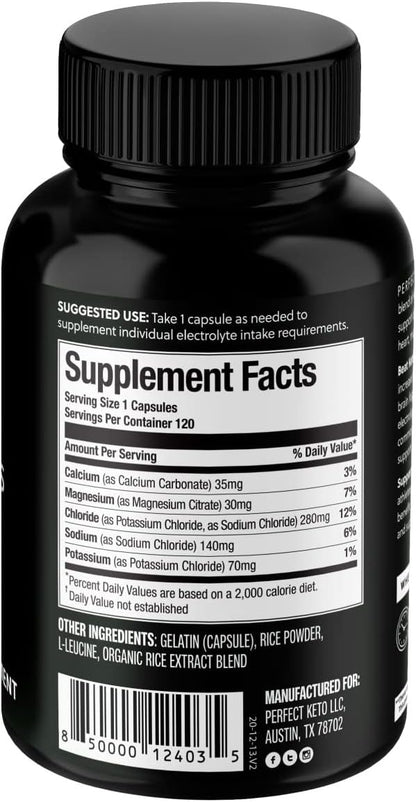 Perfect Keto Electrolytes Capsules, Gluten Free, Electrolyte Supplement with Magnesium, Calcium, Potassium and Sodium, Hydration, Energy, Recovery and Immune Support, Unflavored, 120 Servings