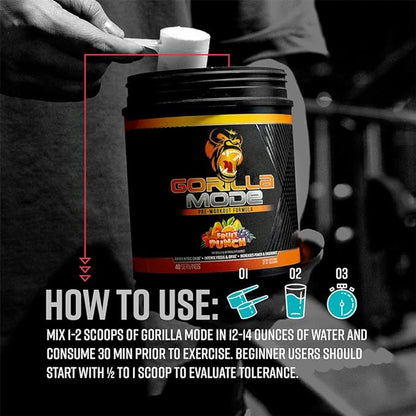 Gorilla Mode Pre Workout - Massive Pumps · Laser Focus · Energy · Power - L-Citrulline, Creatine, L-Tyrosine, Betaine, Hydroprime®, Alpha-GPC, 400mg Caffeine, Huperzine A – 816g (Strawberry Kiwi)