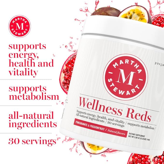 Martha Stewart Wellness Reds - A Blend of Antioxidant-Rich Superfoods with Beet Root Powder for Health - Energy Powder Drink Mix | Fruit Protein Powder | Antioxidants Supplement [Pomegranate]
