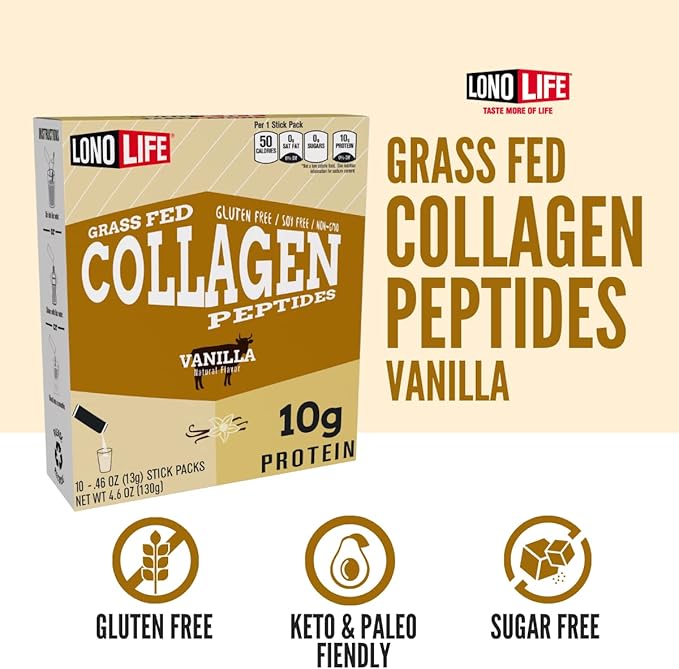 LonoLife - Vanilla Flavored Collagen Peptides 10g Protein, 10 Servings, 10 Count