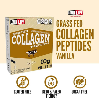 LonoLife - Vanilla Flavored Collagen Peptides 10g Protein, 10 Servings, 10 Count