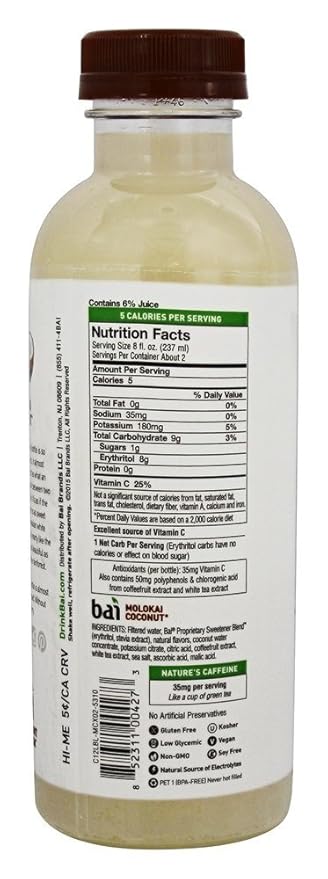 Bai5 Molokai Coconut Natural Antioxidant Infused Beverage, 18 Ounce (9 Bottles)